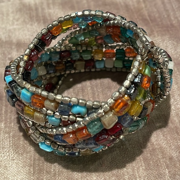 Glass Beaded Cuff Bracelet multicolored 6.5-8.5” - Picture 2 of 6